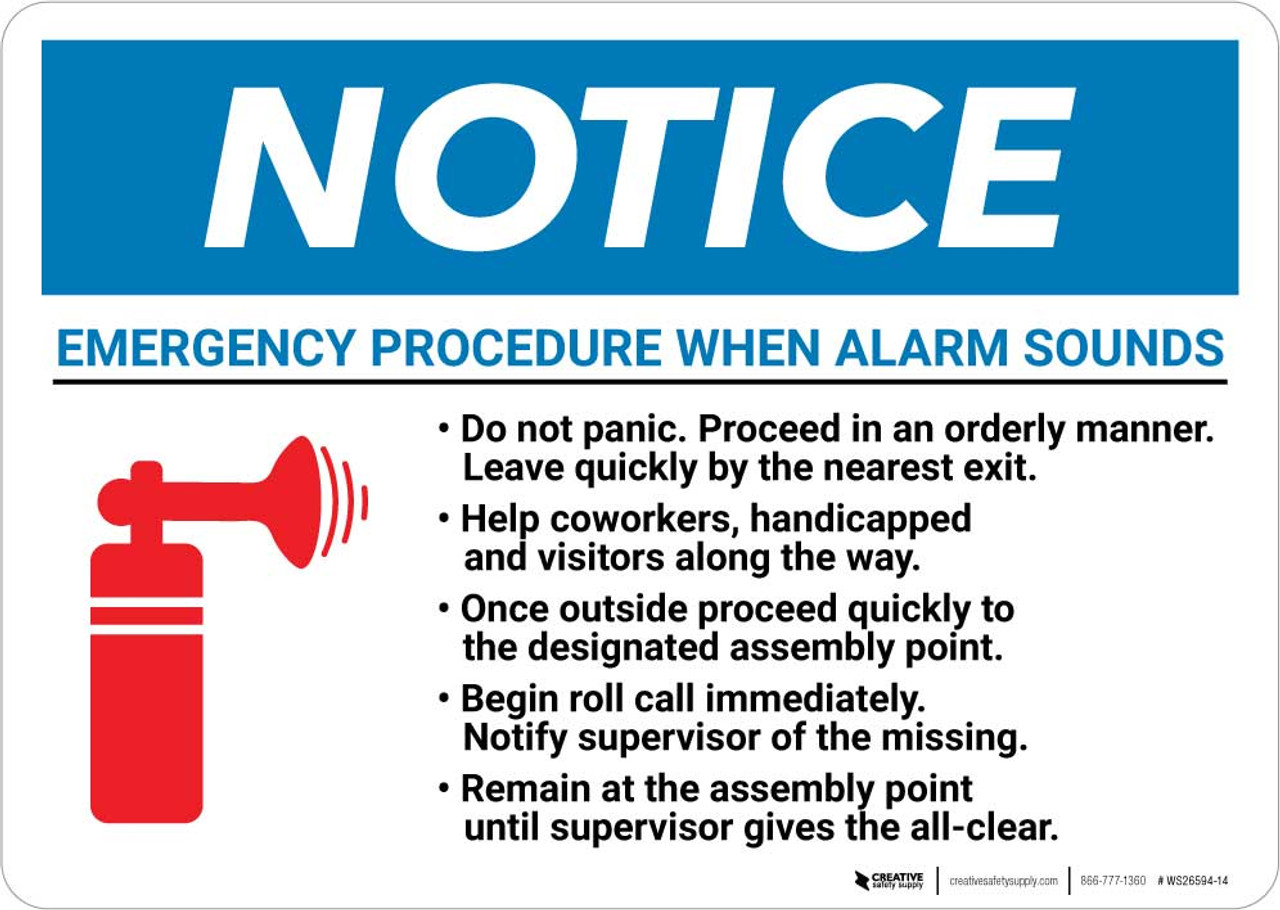 Notice Emergency Procedure When Alarm Sounds Landscape Creative