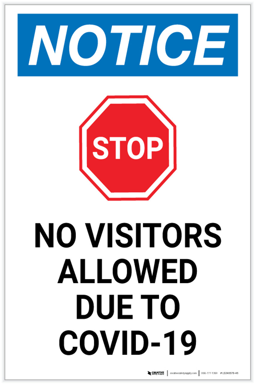 notice stop no visitors allowed due to covid 19 portrait label