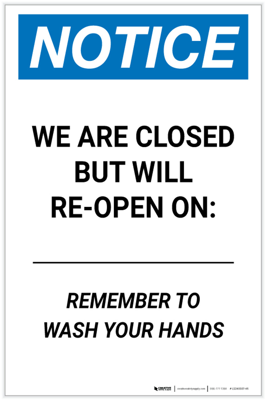 Notice We Are Closed But Will Re Open On Date Portrait Label