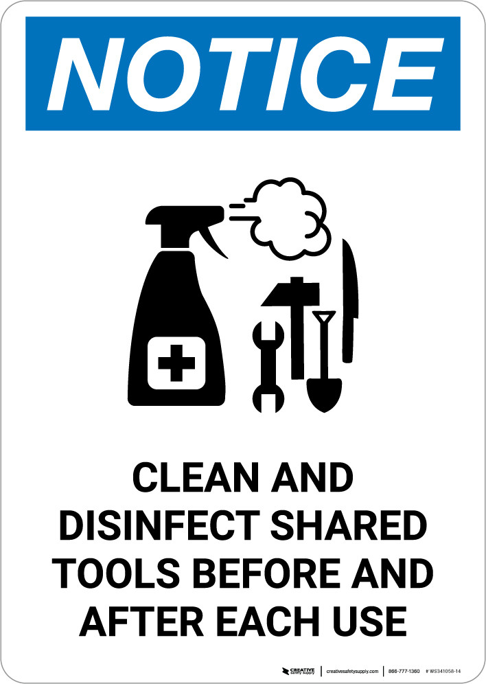 Notice Clean And Disinfect Shared Tools with Icon Portrait Wall Sign