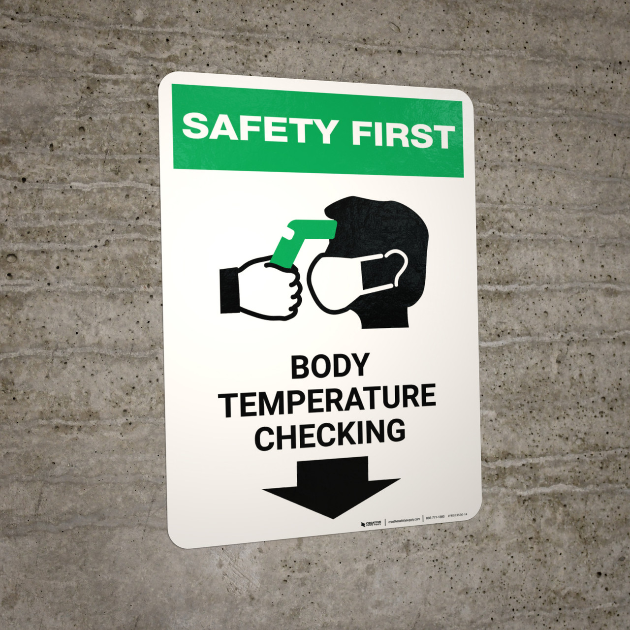 Safety First: Body Temperature Checking Down with Icon Portrait - Wall Sign