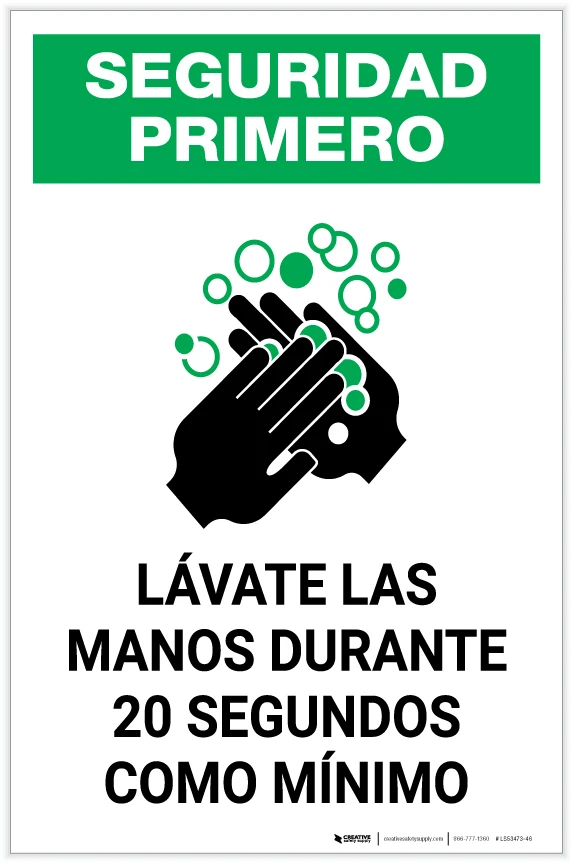 Safety First: Wash Your Hands For At Least 20 Seconds Spanish with Icon ...