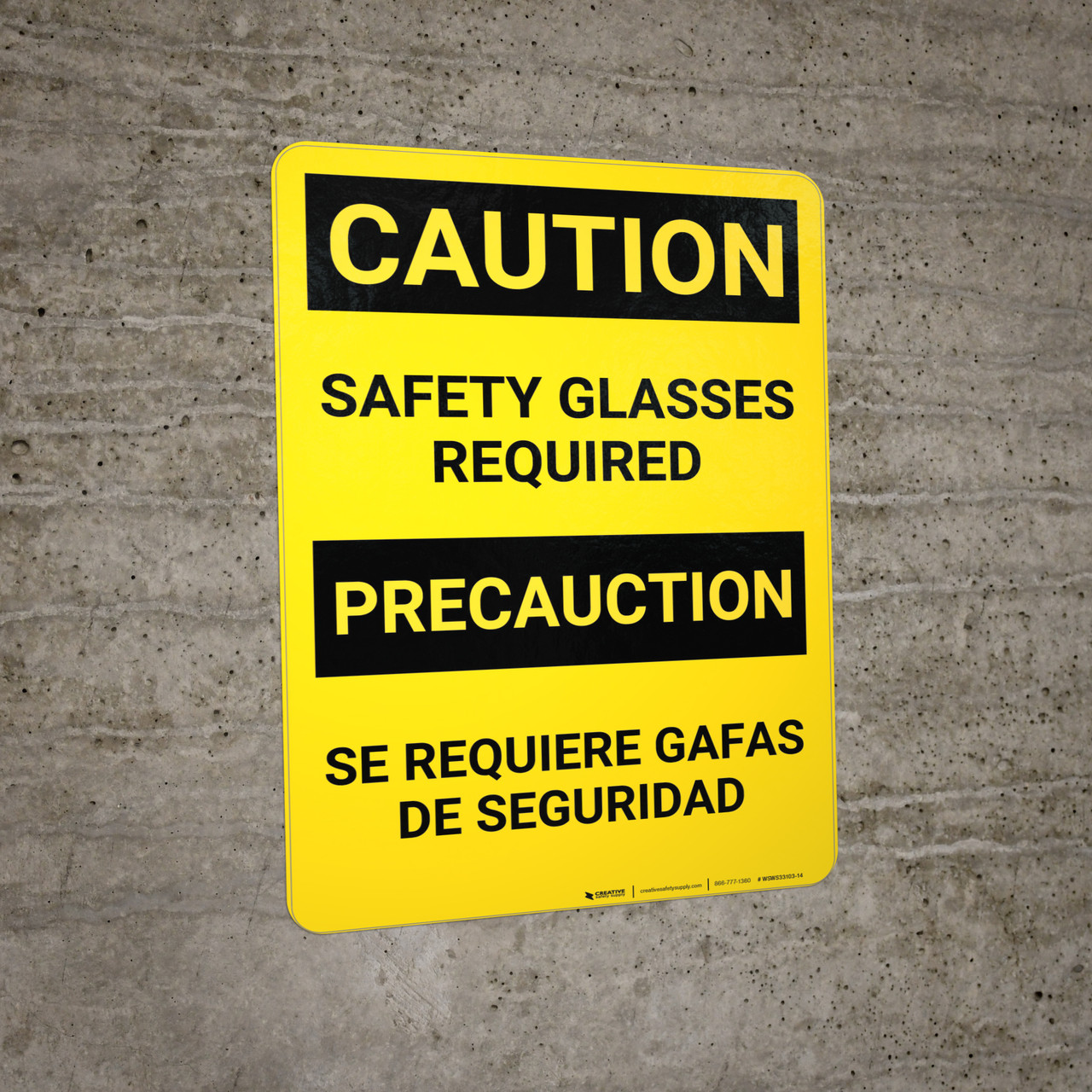 Caution Safety Glasses Bilingual (Spanish) Wall Sign