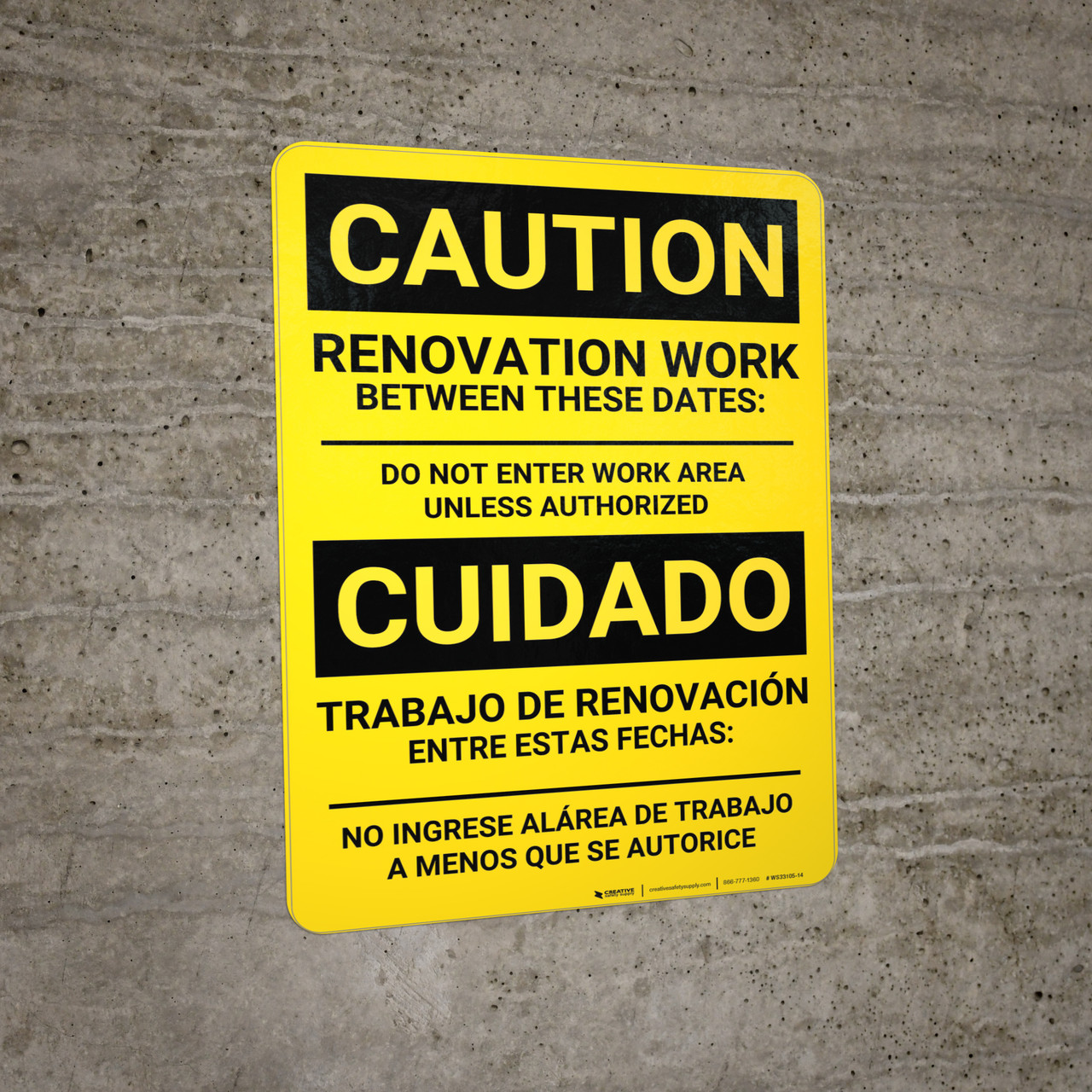 Bilingual renovation work caution sign with English and Spanish restricted-access wording