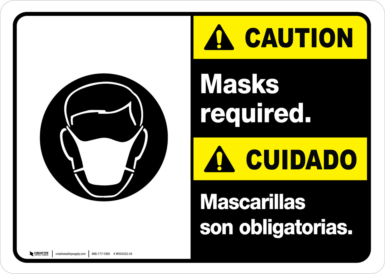 Caution Masks Required Bilingual Spanish with Icon ANSI Landscape