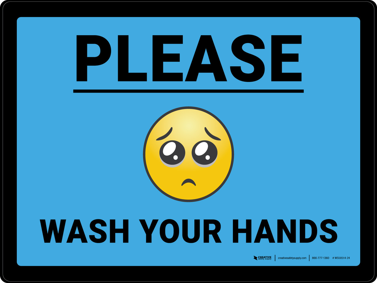 Please Wash Your Hands with Emoji Blue Landscape Wall Sign