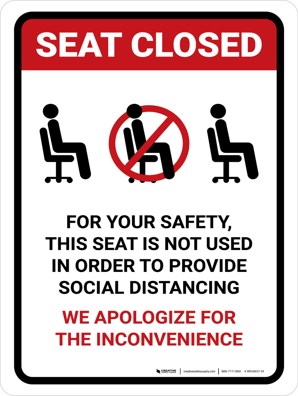 Seat Closed For Social Distancing with Icon Portrait Wall Sign