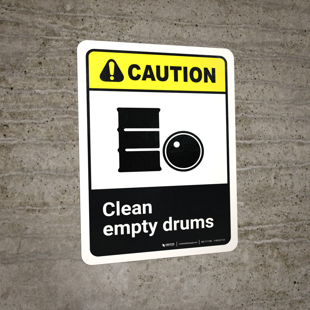 Caution Clean Empty Drums with Icon ANSI Portrait Wall Sign