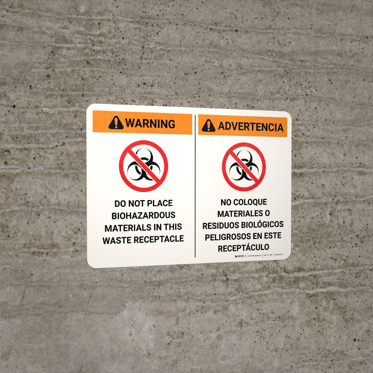 Warning Do Not Place Biohazardous Materials in Waste Receptacle Bilingual Spanish Landscape