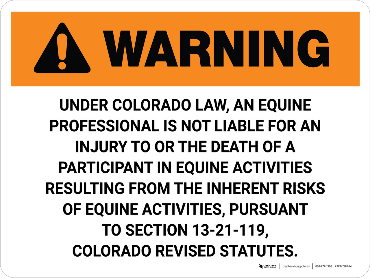 Warning: Colorado Equine Activity Sponsor Not Liable Landscape - Wall Sign