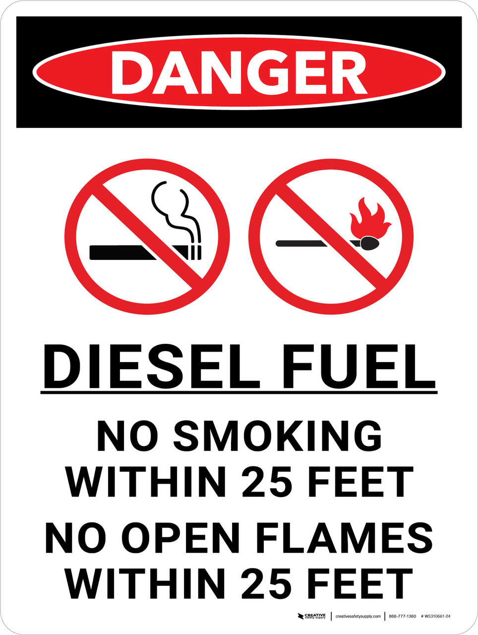 Danger Diesel Fuel No Smoking Within 25 Feet No Open Flames Portrait with Icon Wall Sign