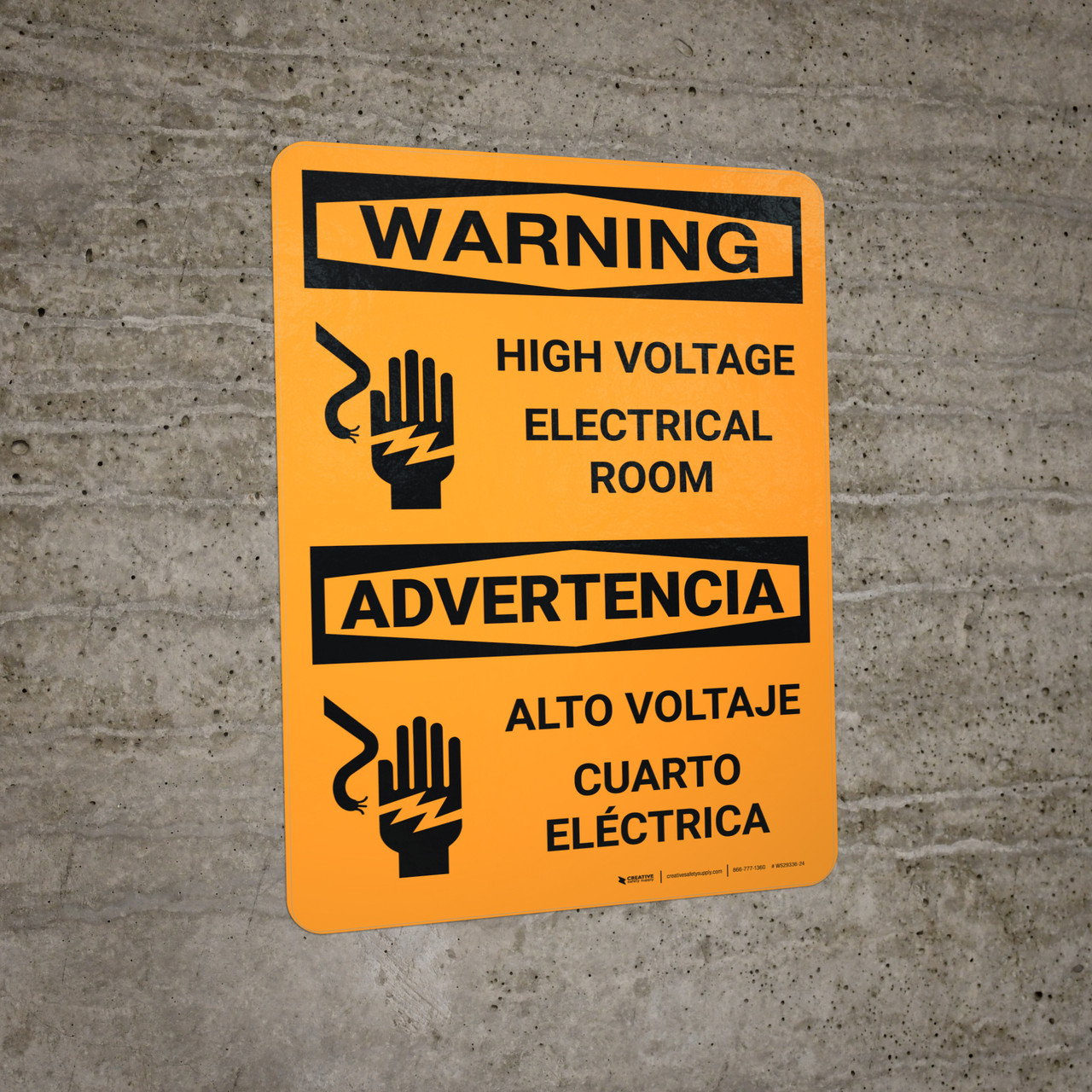 Warning High Voltage Electrical Room Bilingual Spanish Portrait With Icon Wall Sign