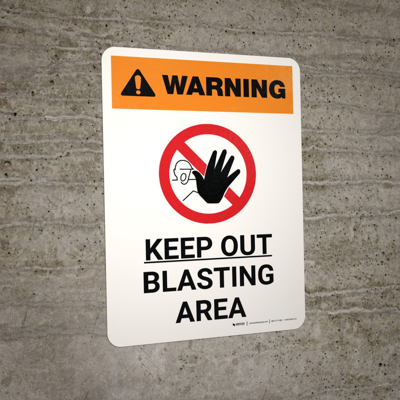 Warning: Keep Out - Blasting Area Portrait White With Icon - Wall