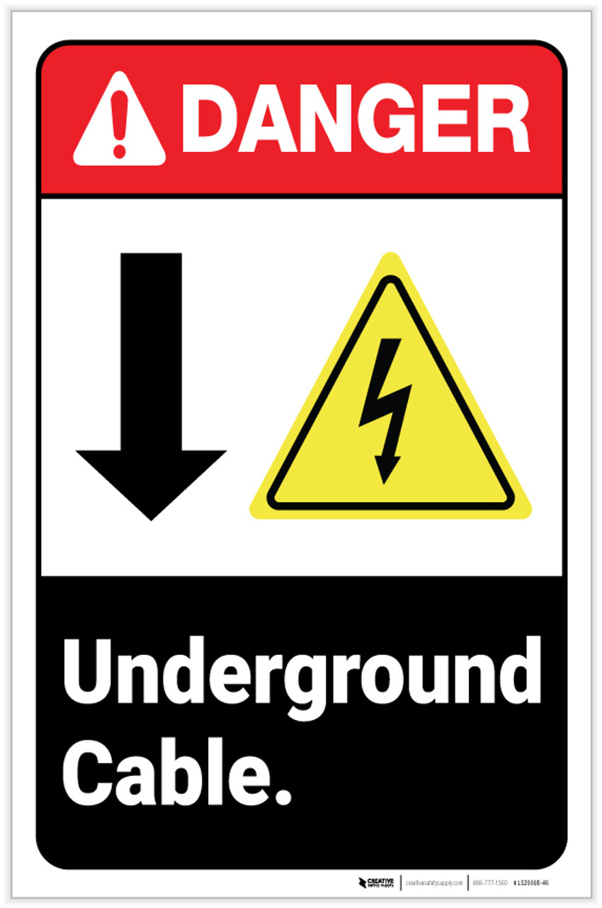 Danger: Underground Cable Down Arrow ANSI with Hazard Icon Portrait - Label