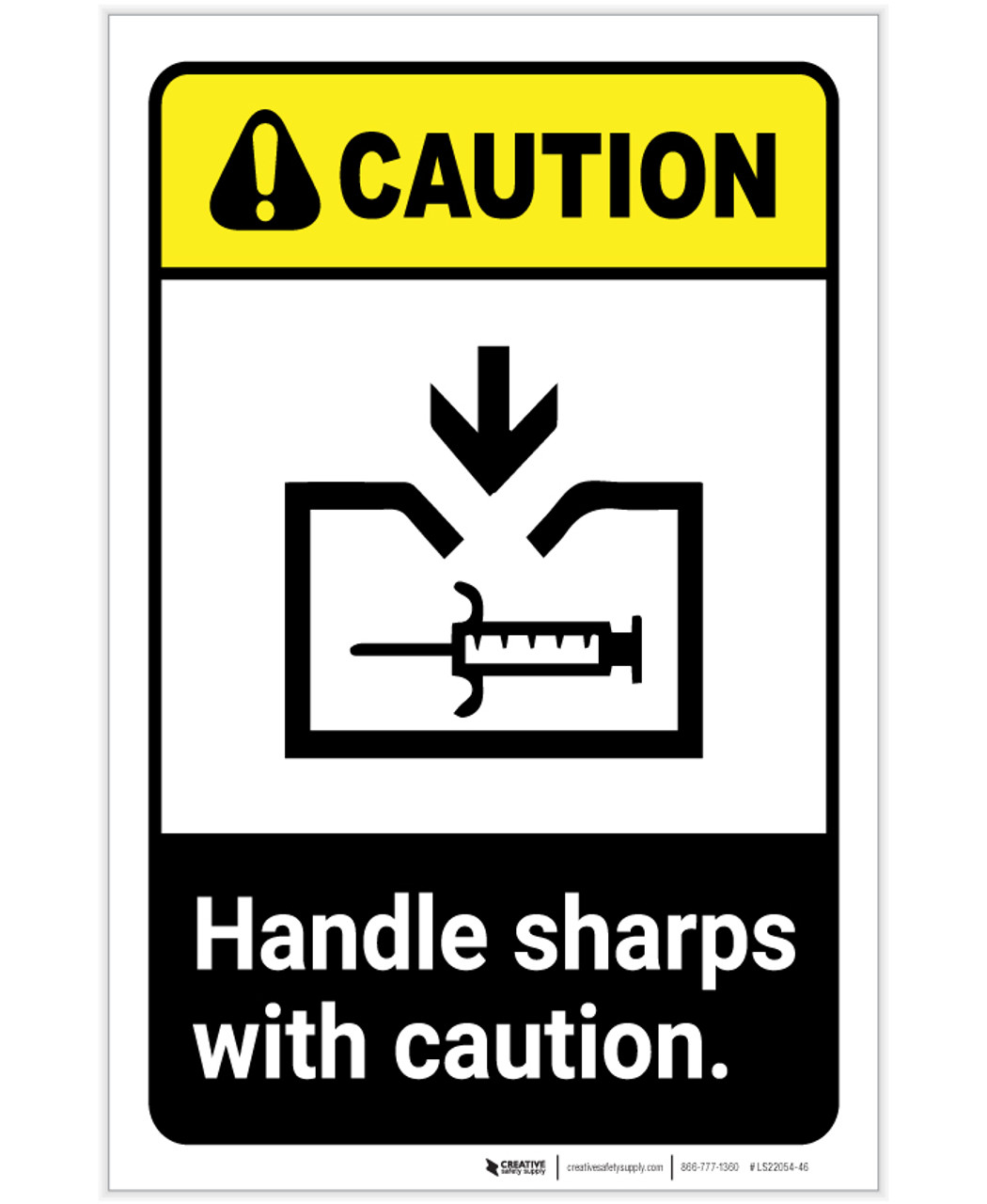 Caution Handle Sharps With Caution Ansi With Icon Portrait Label Creative Safety Supply