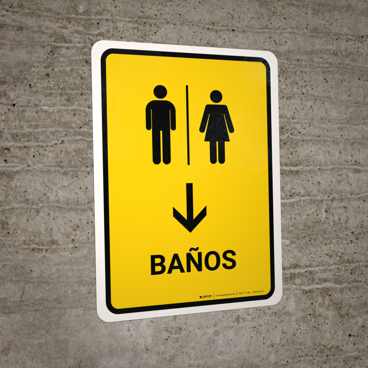Restrooms With Down Arrow Yellow Spanish Portrait - Wall Sign