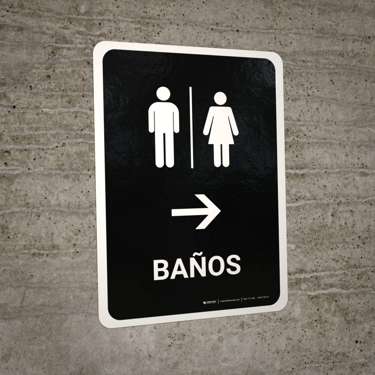 Restrooms With Right Arrow Black Spanish Portrait - Wall Sign