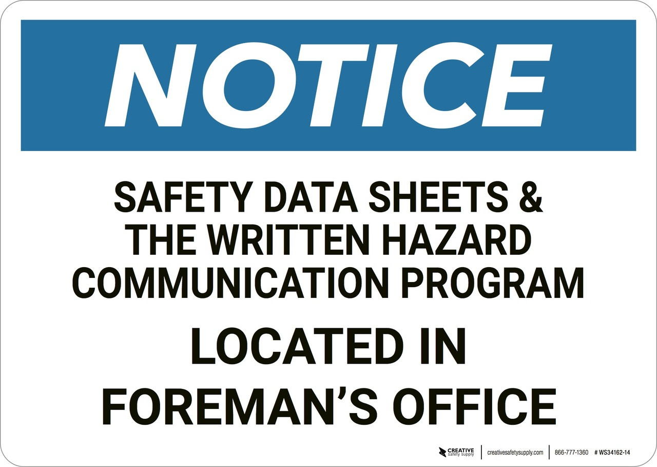 Notice Safety Data Sheets Located In Office Wall Sign