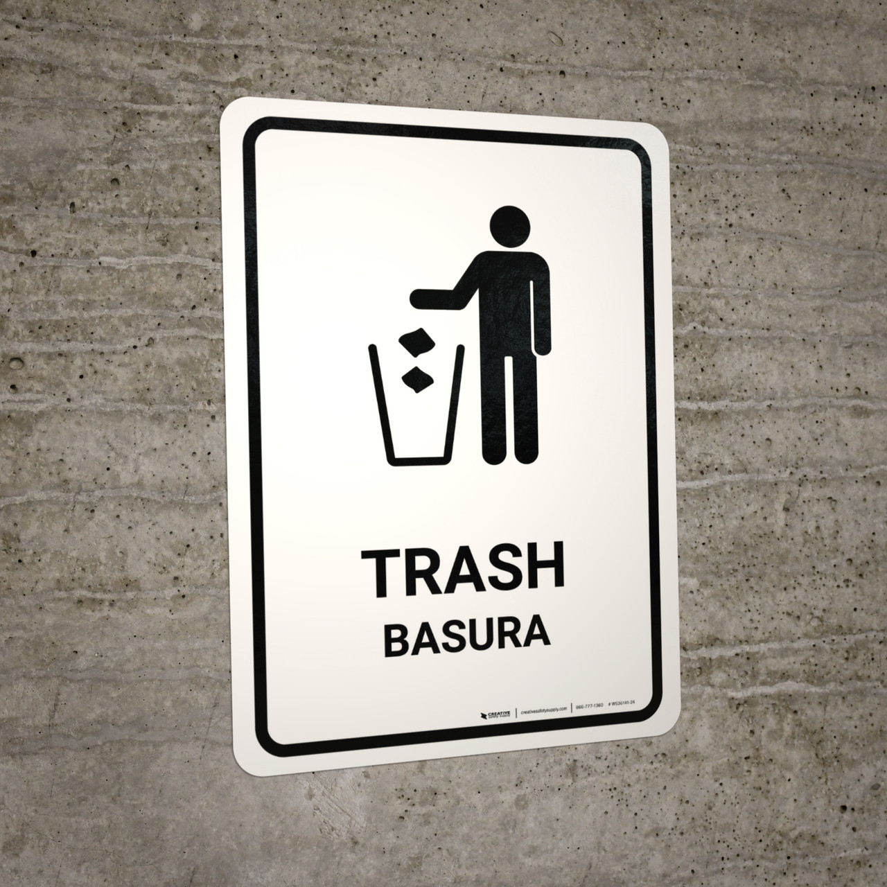 Trash White Bilingual Spanish Portrait Wall Sign