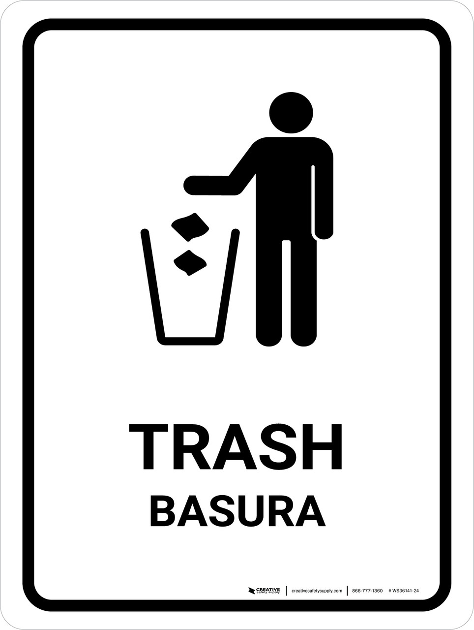 Trash White Bilingual Spanish Portrait Wall Sign