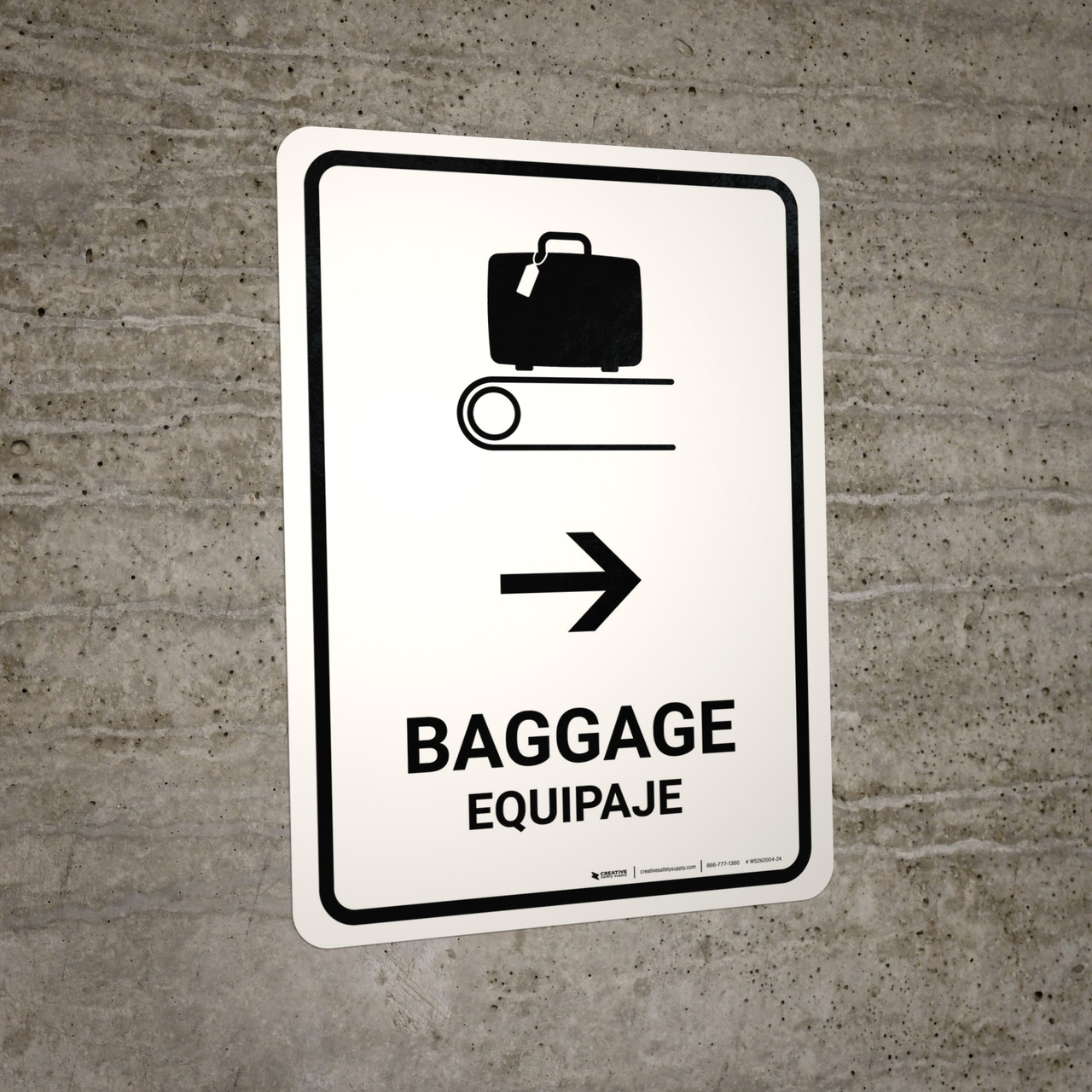 Baggage With Right Arrow White Bilingual Spanish Portrait Wall Sign