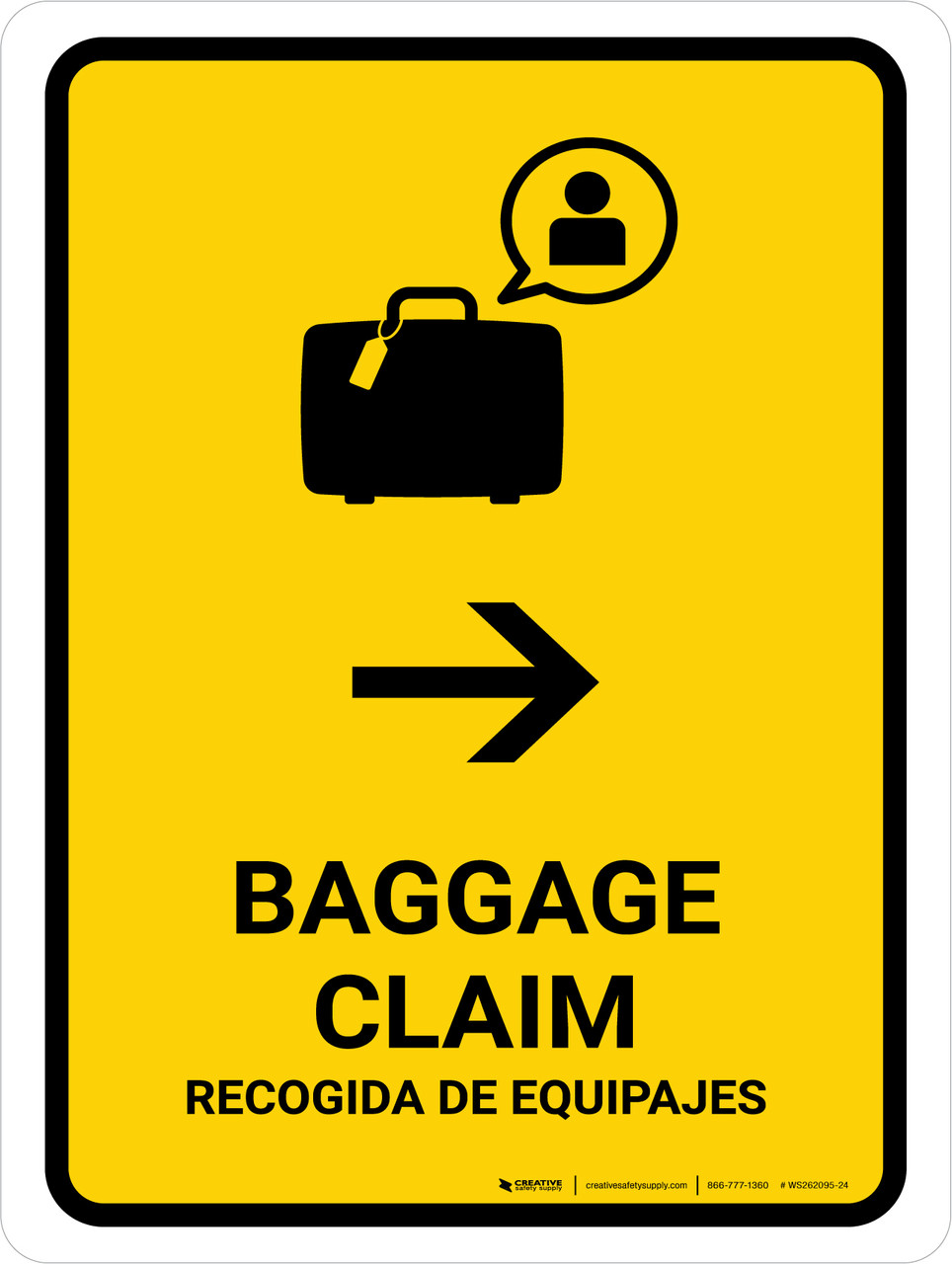 Baggage Claim With Right Arrow Yellow Bilingual Spanish Portrait Wall Sign