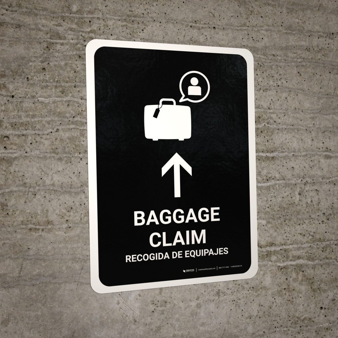 Baggage Claim With Up Arrow Black Bilingual Spanish Portrait Wall Sign