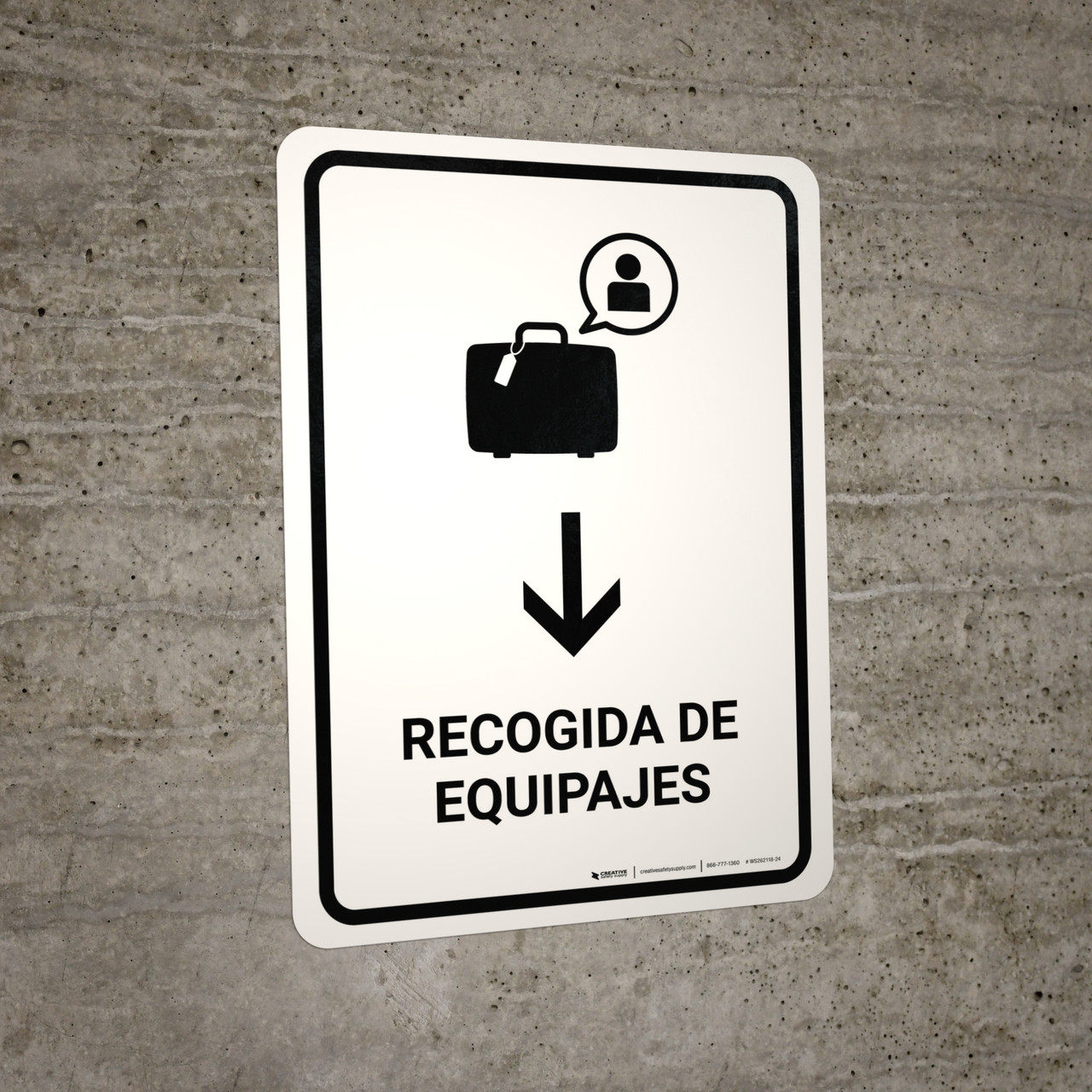 Baggage Claim With Down Arrow White Spanish Portrait Wall Sign