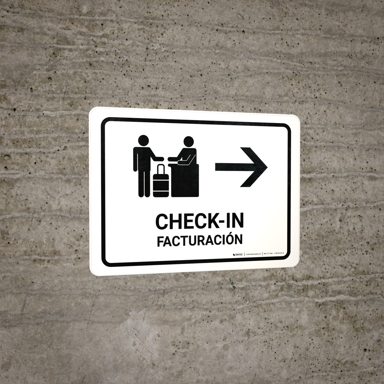 Check In With Right Arrow White Bilingual Spanish Landscape - Wall Sign