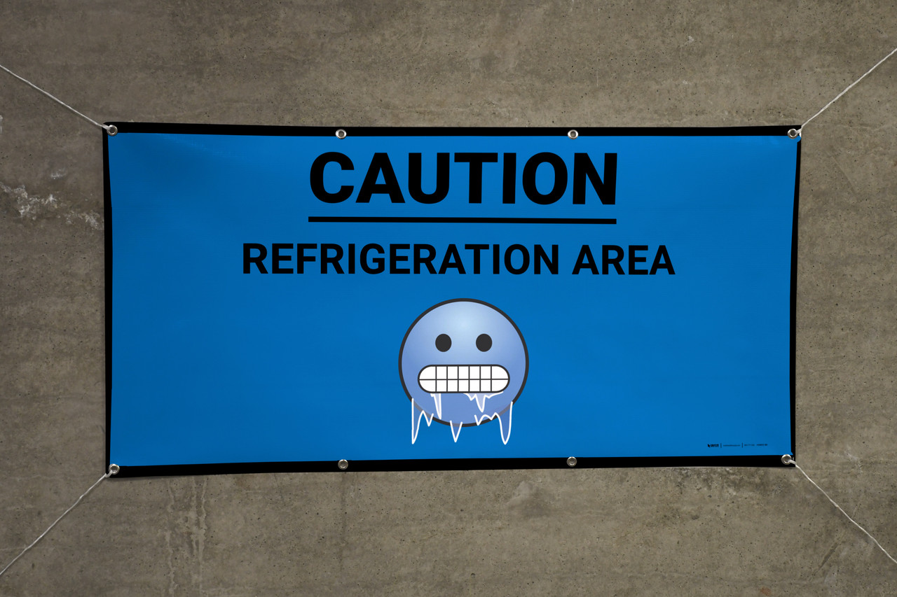 Caution Refrigeration Area with Emoji Blue Banner