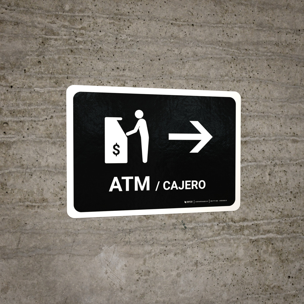 ATM With Right Arrow Black Bilingual Spanish Landscape Wall Sign