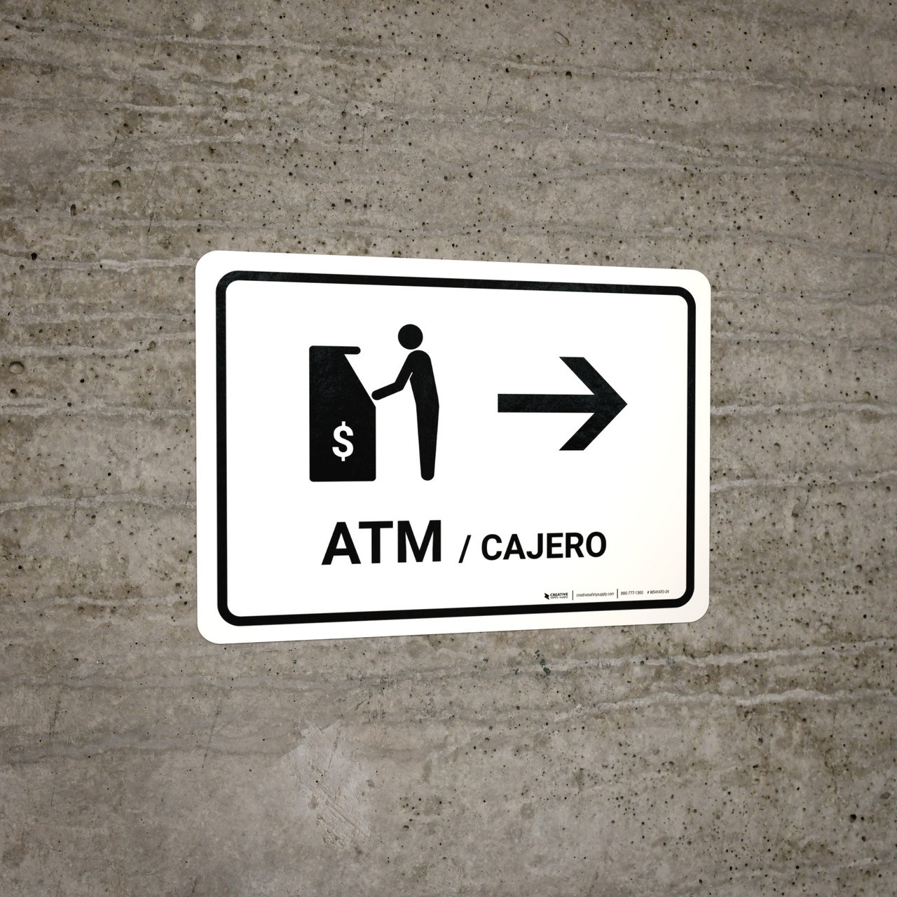 ATM With Right Arrow White Bilingual Spanish Landscape Wall Sign
