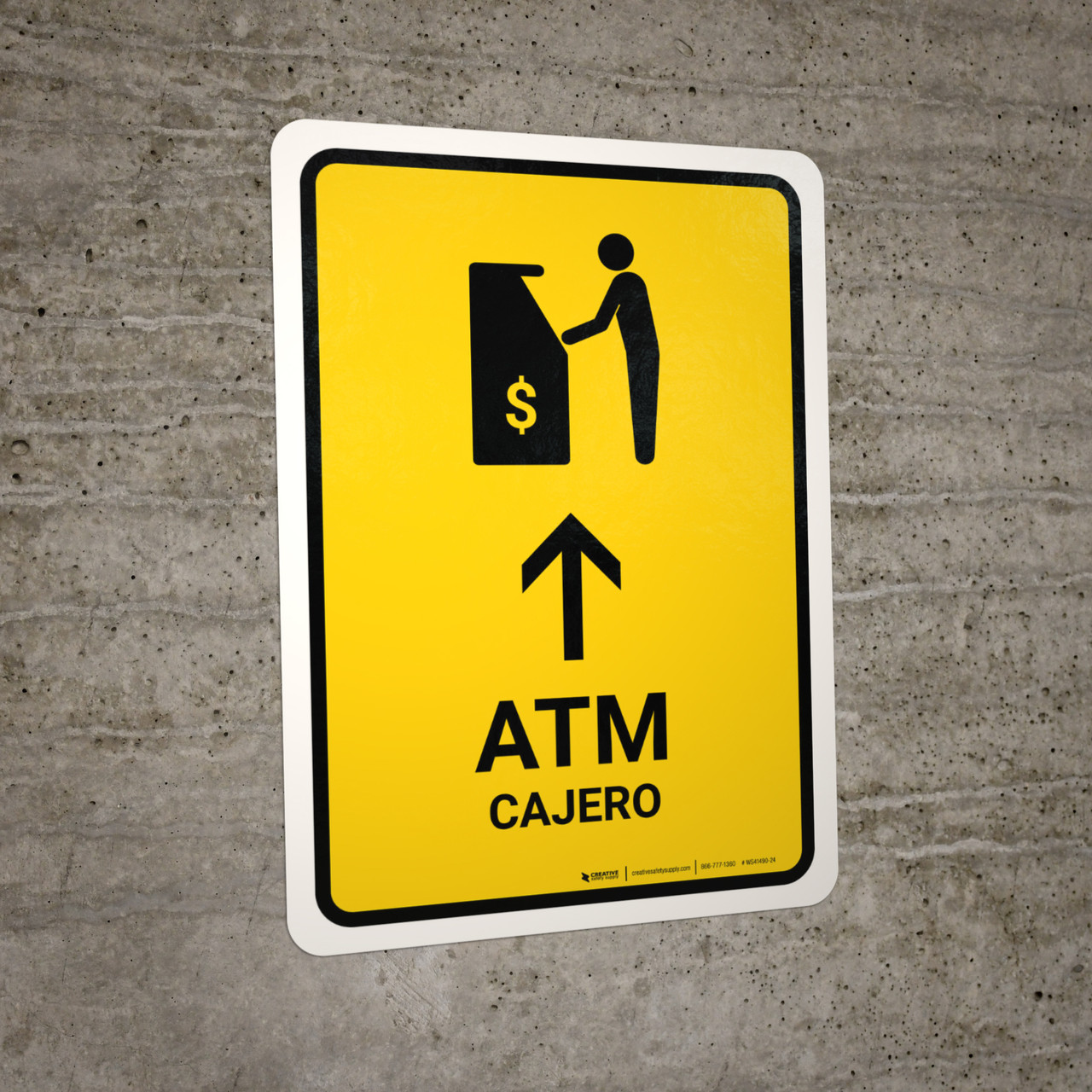 ATM With Up Arrow Yellow Bilingual Spanish Portrait Wall Sign