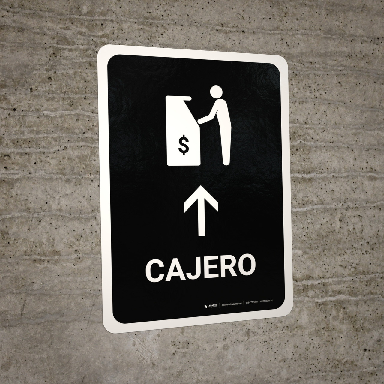 ATM With Up Arrow Black Spanish Portrait Wall Sign