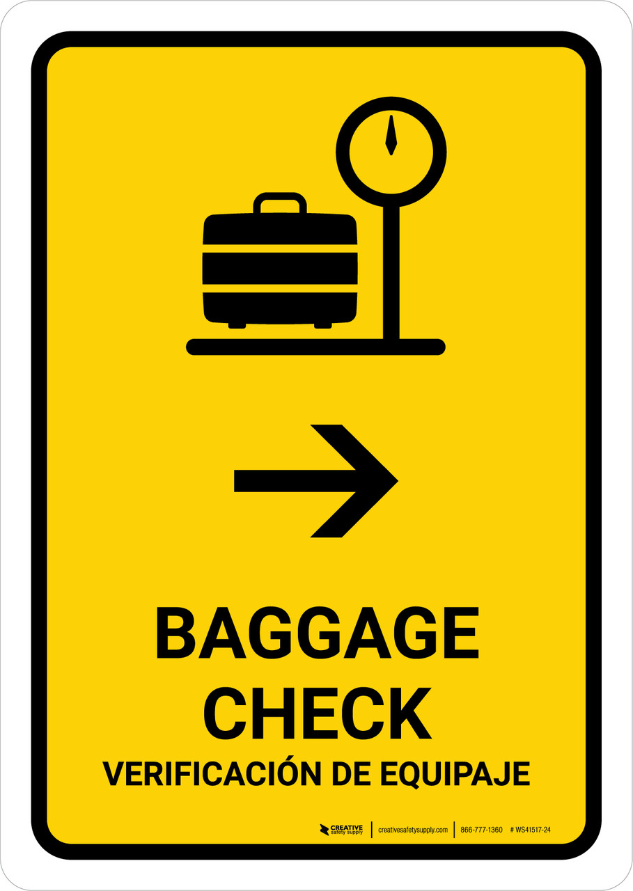 Baggage Check With Right Arrow Yellow Bilingual Spanish Portrait Wall