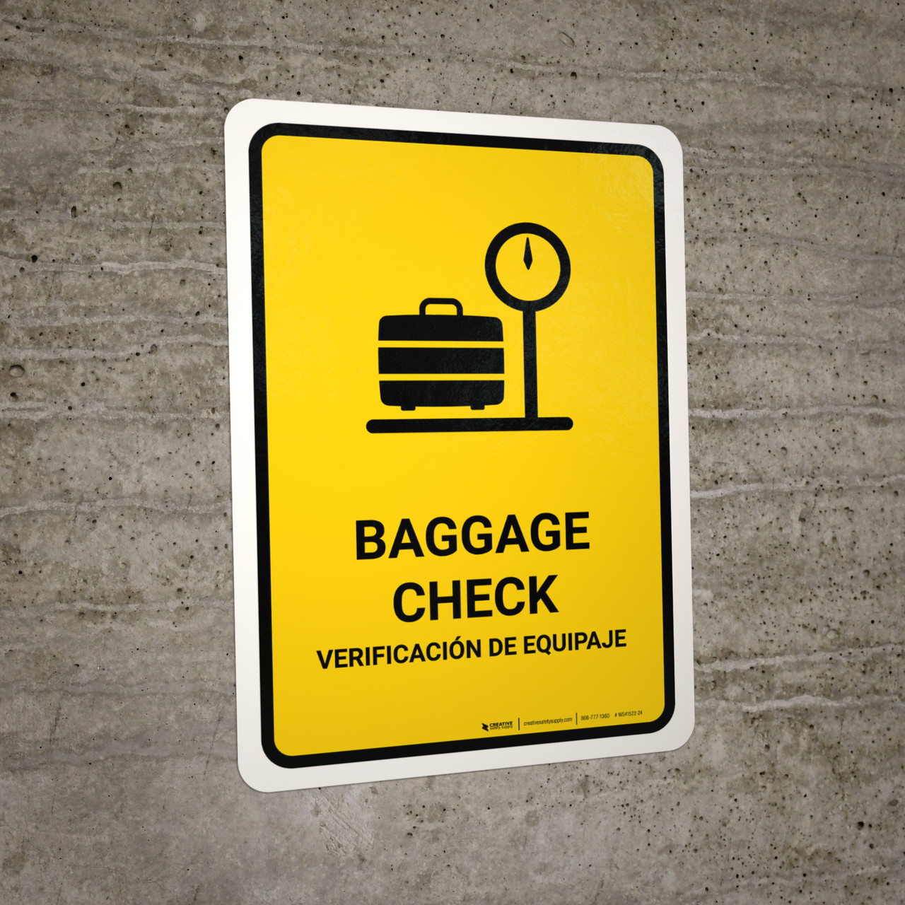 Baggage Check Yellow Bilingual Spanish Portrait Wall Sign