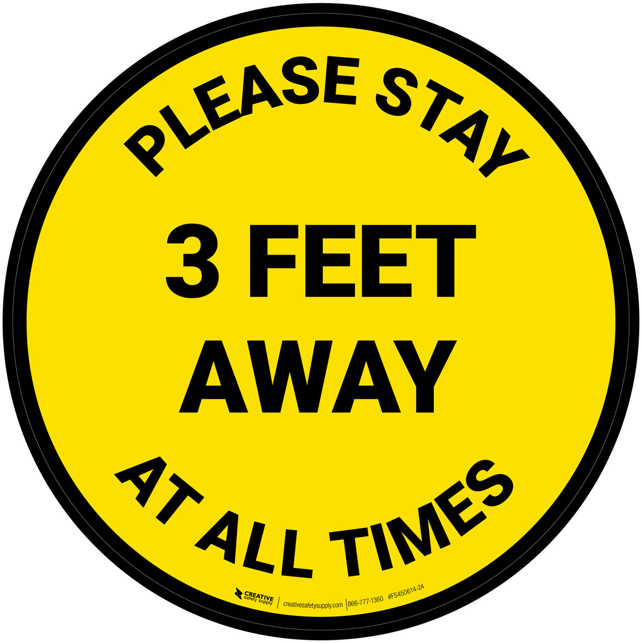 Please Stay 3 Feet Away At All Times Yellow Circular Floor Sign please-stay-3-feet-away-at-all-times-yellow-circular-floor-sign