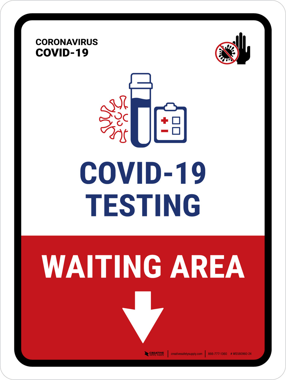 Covid-19 Testing Waiting Area With Icon Down Arrow Portrait - Wall Sign