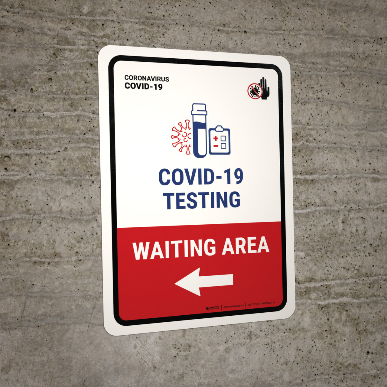 Covid-19 Testing Waiting Area With Icon Left Arrow Portrait - Wall Sign