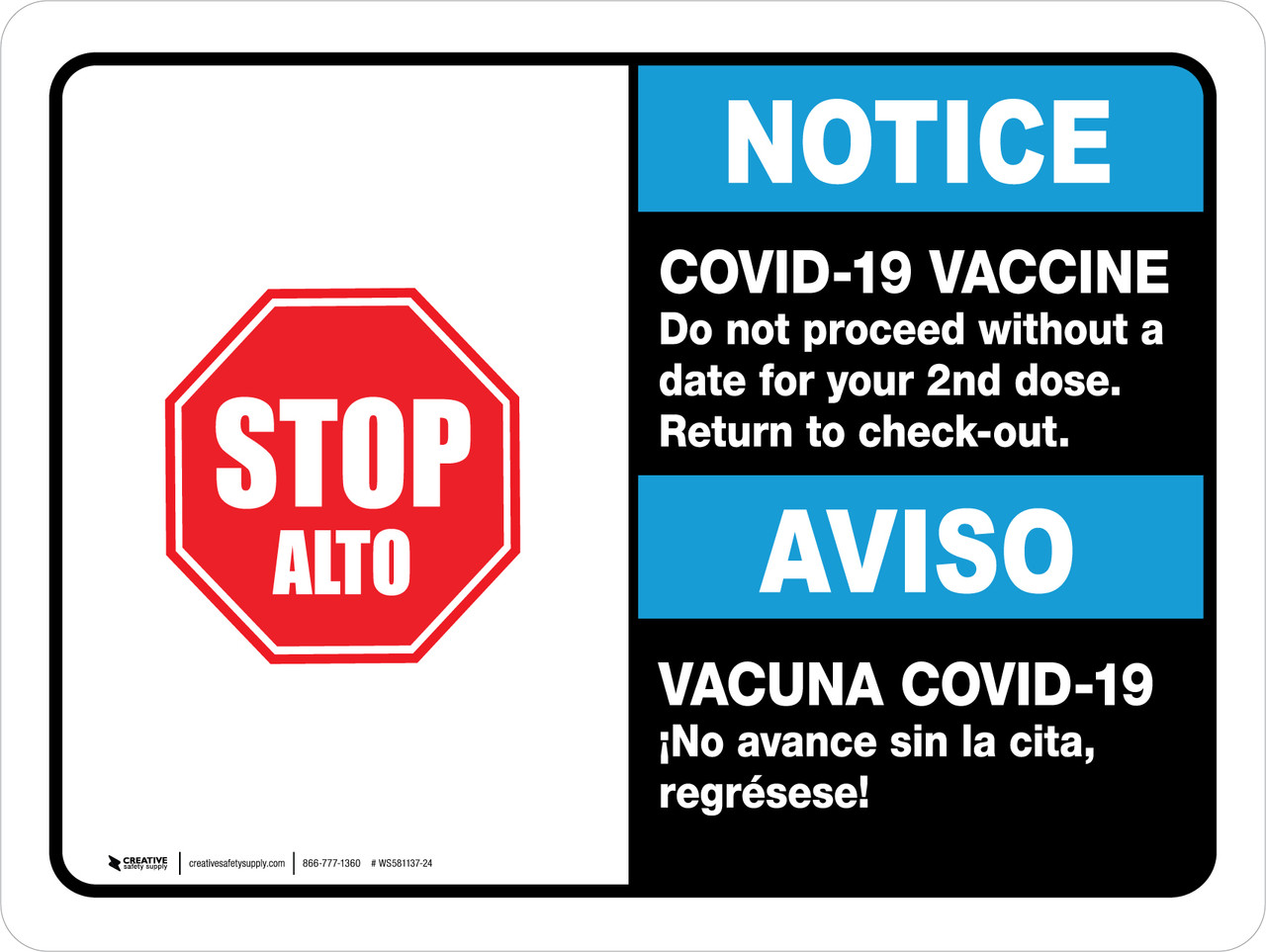 Notice: Stop Have You Scheduled Your Second Vaccine Bilingual Spanish  Landscape - Wall Sign