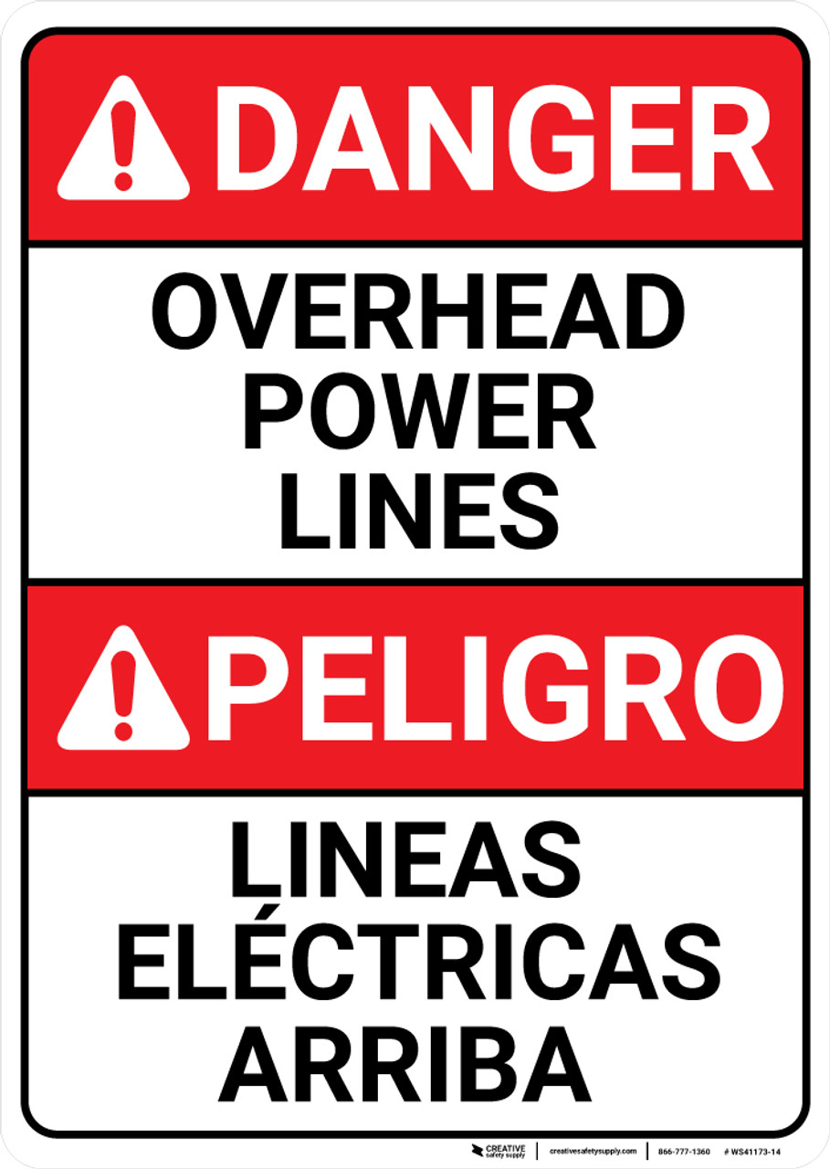 Danger Overhead Power Lines Bilingual Spanish Wall Sign