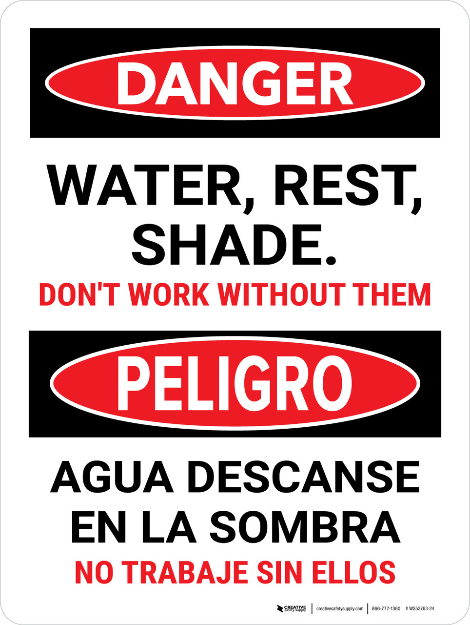 Danger Water Rest Shade Dont Work Without Them Bilingual Spanish Portrait Wall Sign 3749