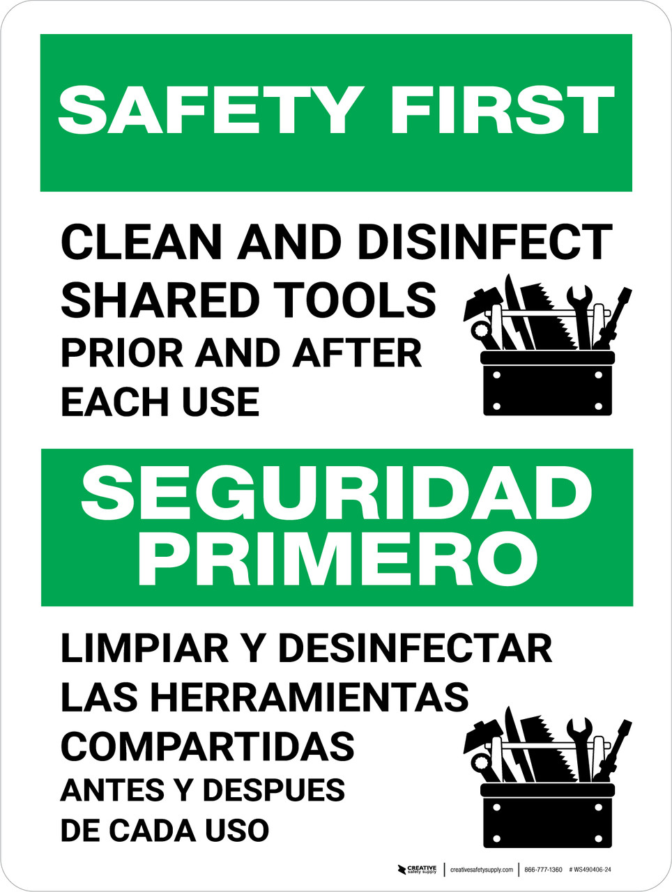 Safety First Clean & Disinfect Shared Tools Bilingual Spanish Portrait