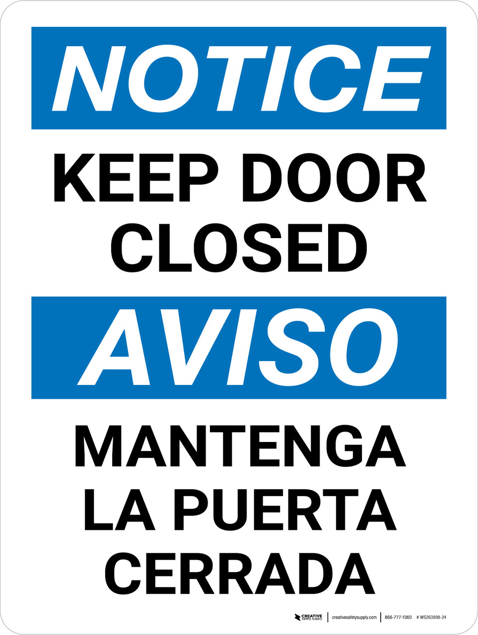 Notice Keep Door Closed Bilingual Spanish Portrait Wall Sign