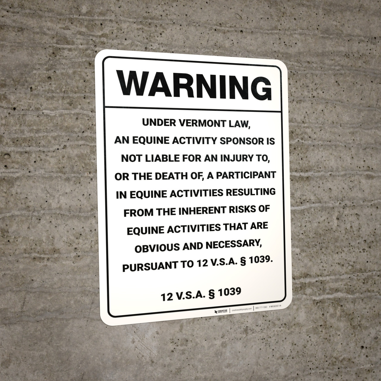 Warning Vermont Equine Liability VT Wall Sign