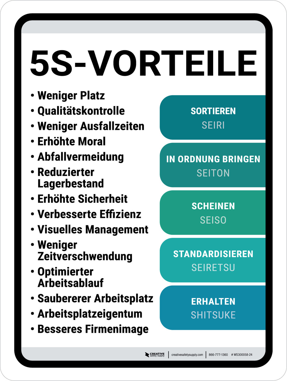 5S schlanke Vorteile (5S Lean Benefits) Portrait German - Wall Sign