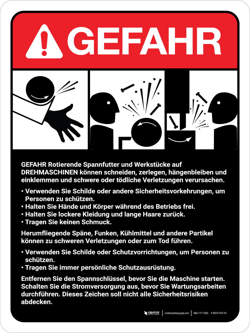 Gefahr - Richtlinien für Drehmaschinen (Danger - Lathe Machine Guidelines) ANSI German - Wall Sign WS311374