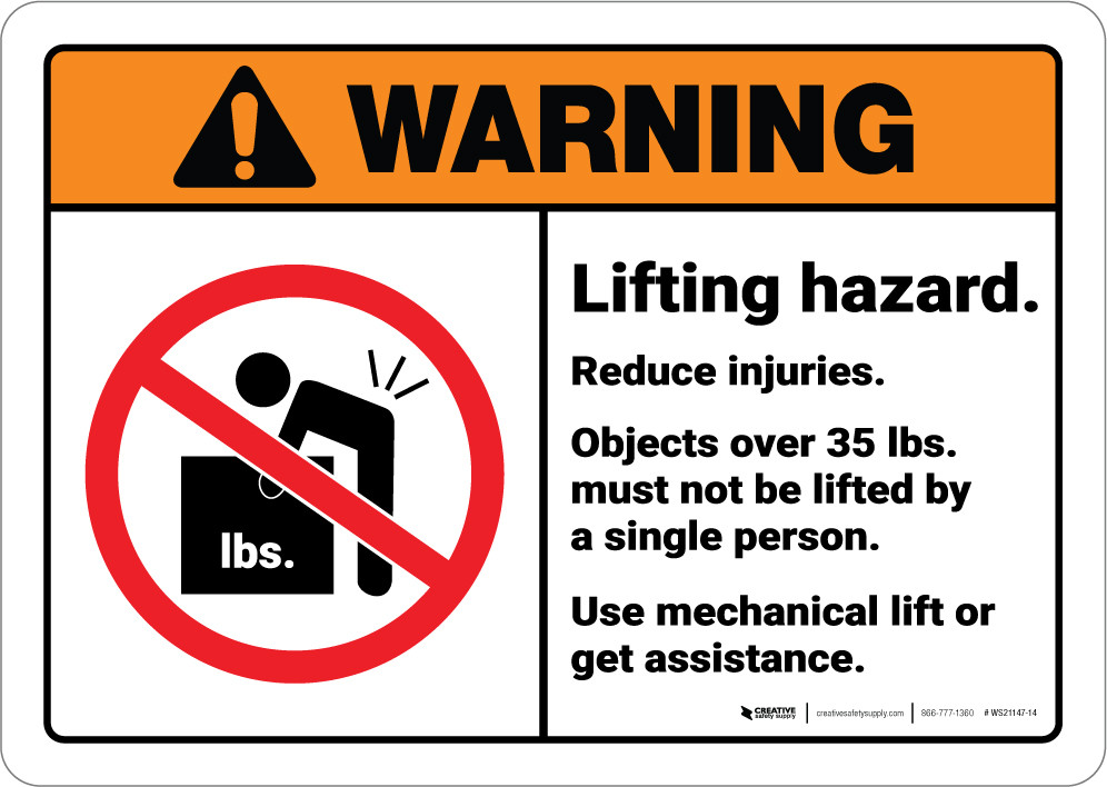 Warning: Lifting Hazard Reduce Injuries ANSI - Wall Sign