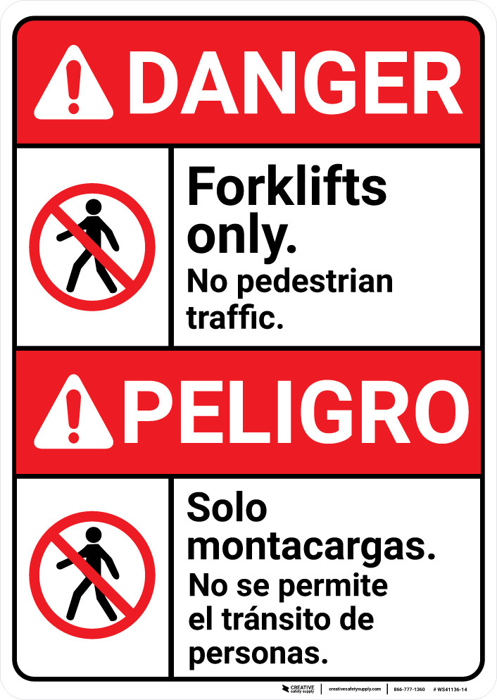 Danger Forklifts Only No Pedestrian Traffic Bilingual Spanish Wall