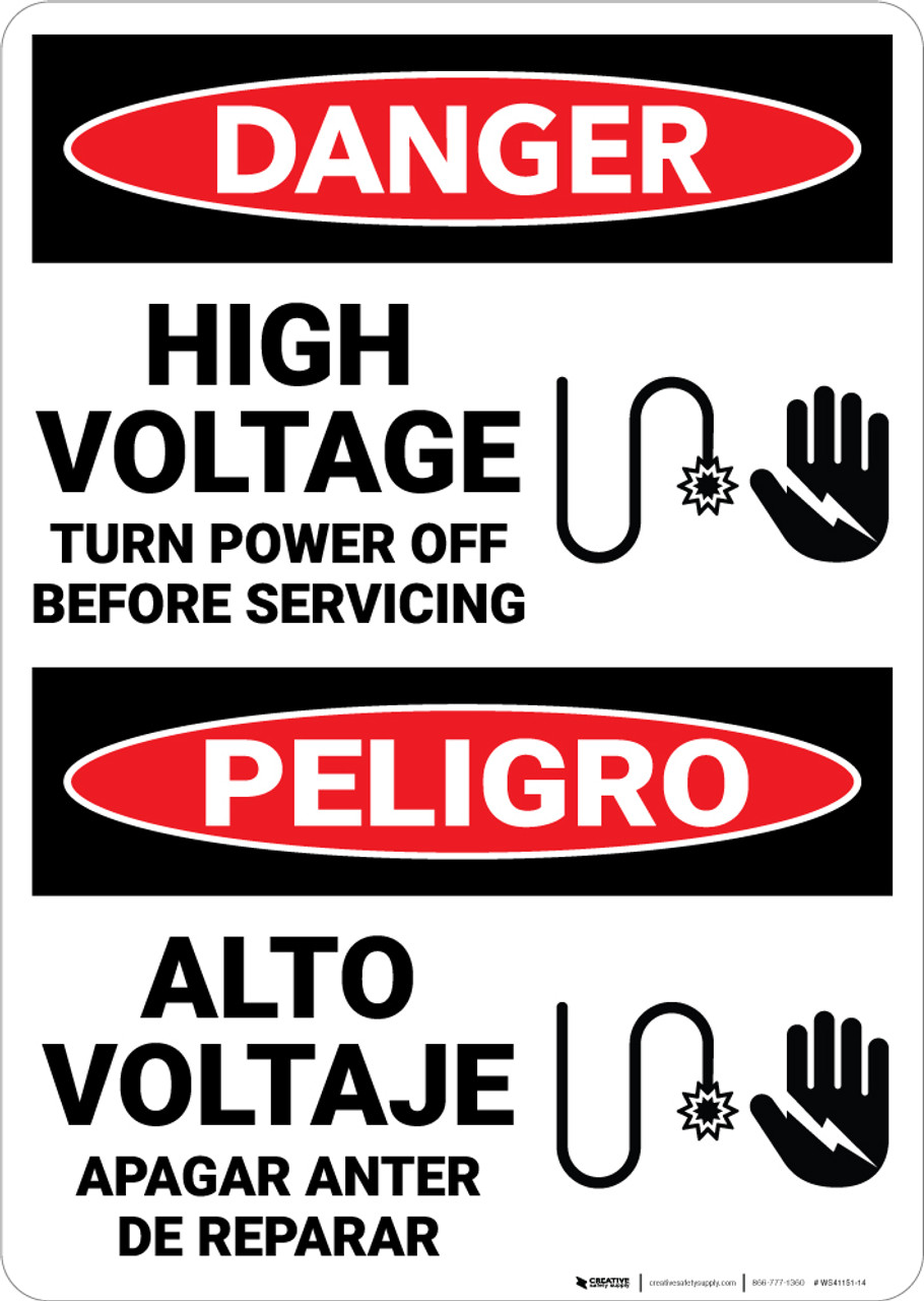 Danger High Voltage Turn Power Off Before Servicing Bilingual Spanish Wall Sign